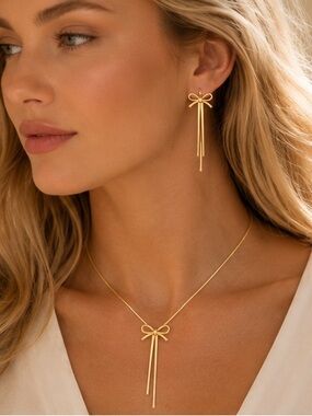 Gold Bow Pendant Necklace and Drop Earrings Set